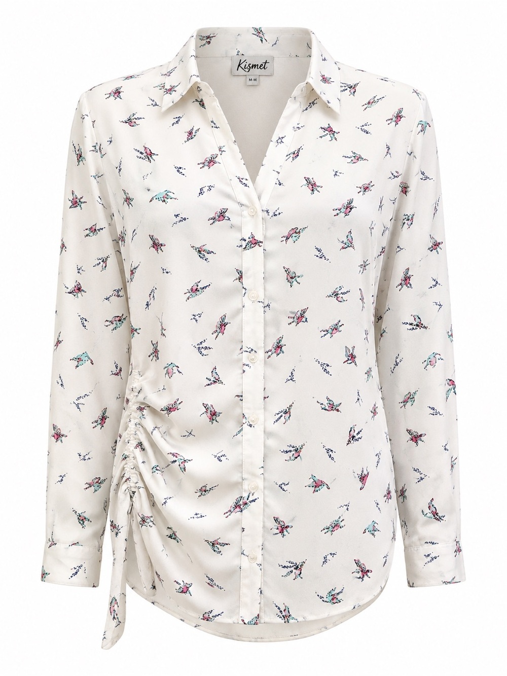 Kismet Bird Print Button Front Blouse Medium White Pink